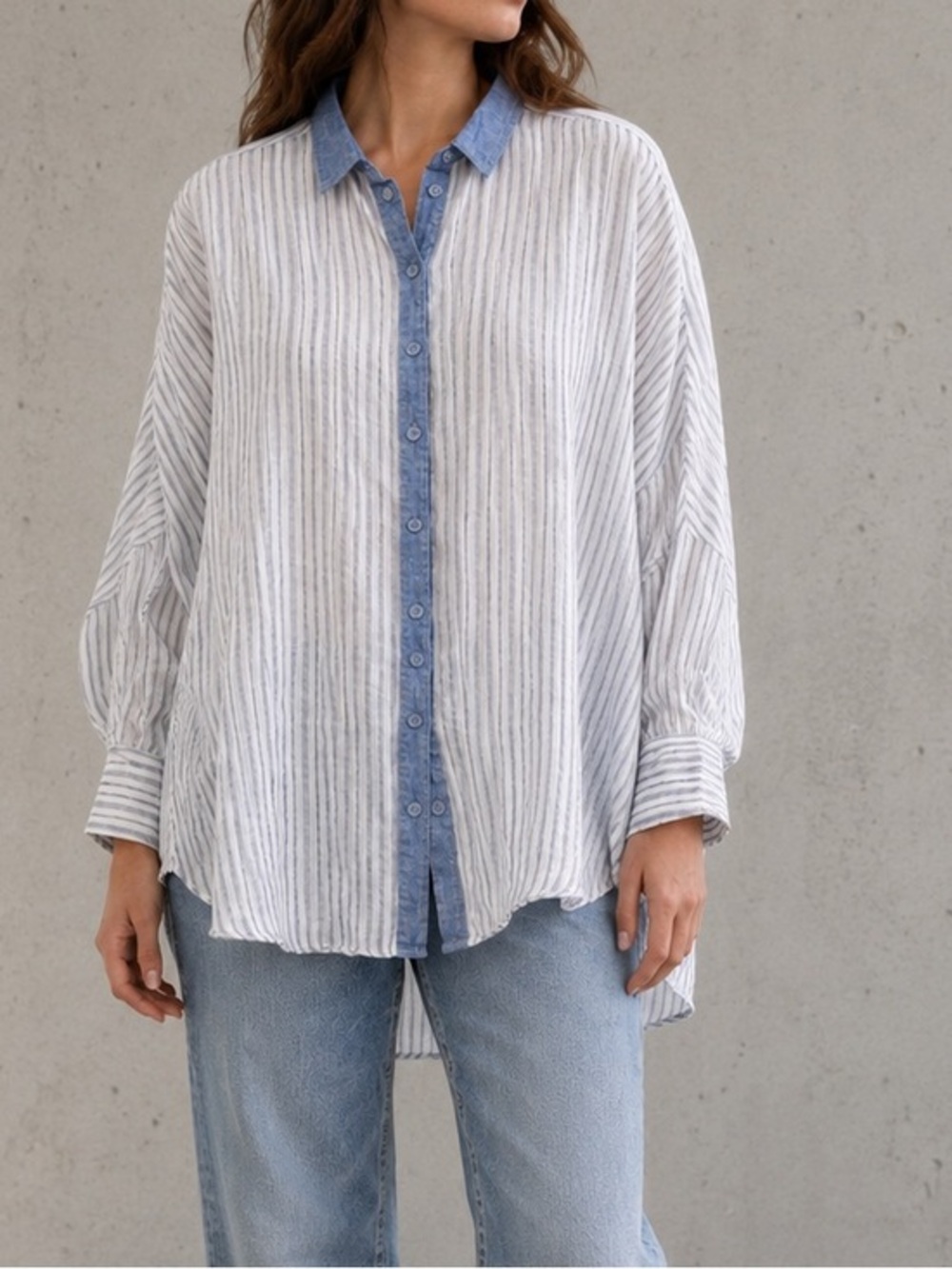 Sunday St Tropez Linen Pinstripe Blue White Oversized Coastal Button Down Shirt